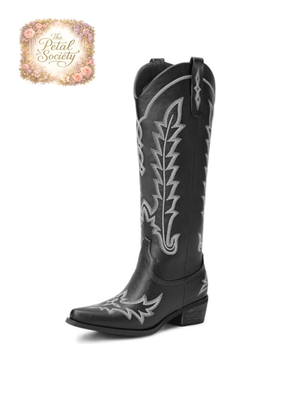 Faux Leather Knee High Western Cowboy Boots Pointed Toe Chunky Heel Zip